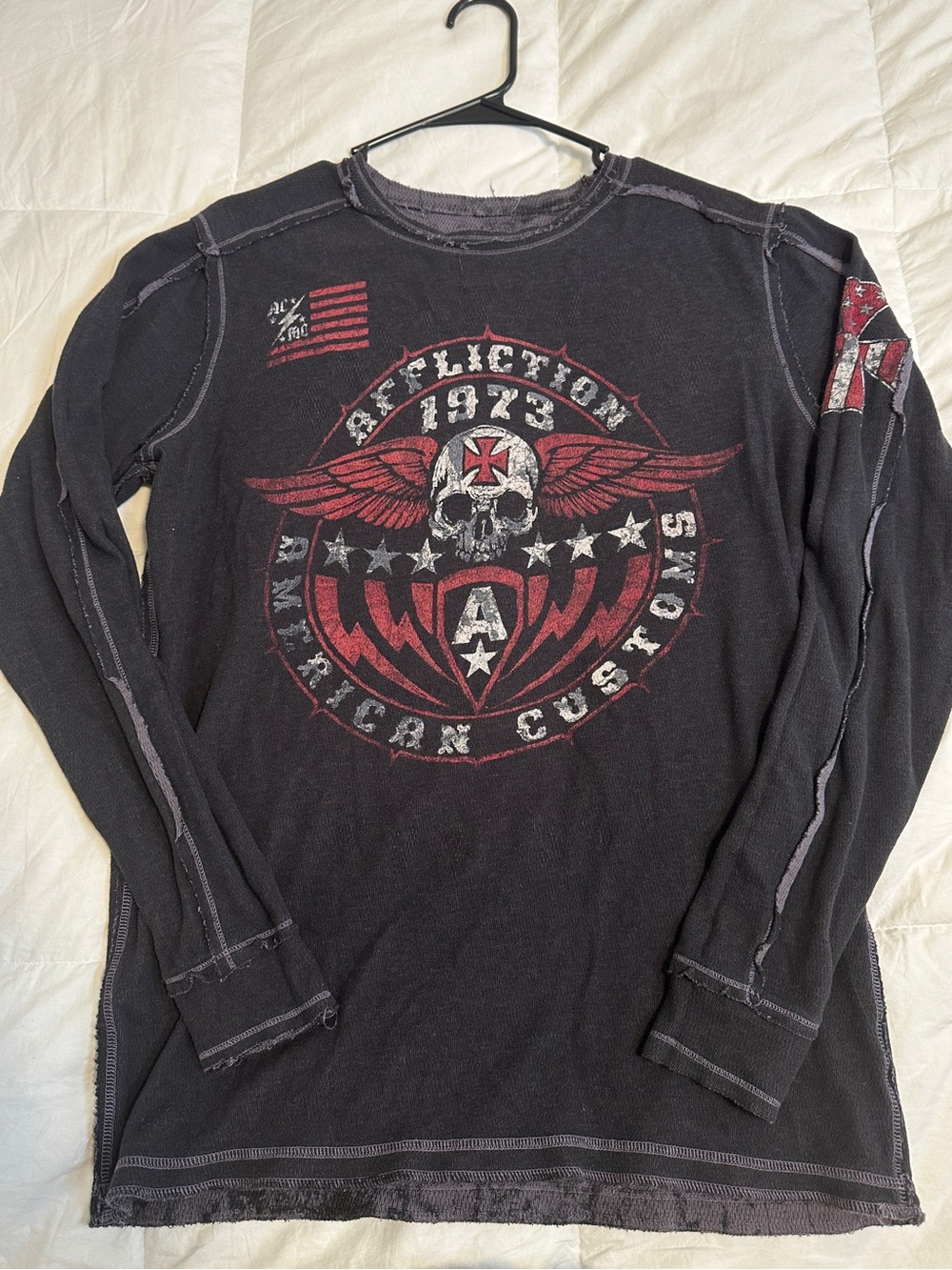 Vintage Affliction Reversible Thermal Shirt American Customs Skull Y2K Large